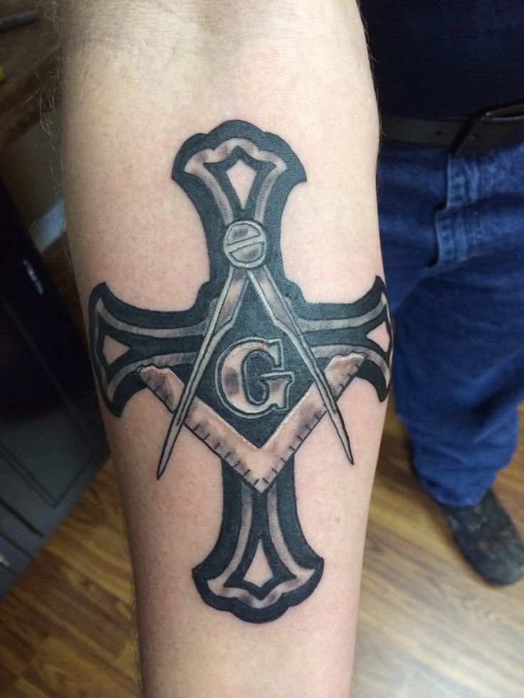 Black And Grey Cross With Masonic Tattoo On Forearm