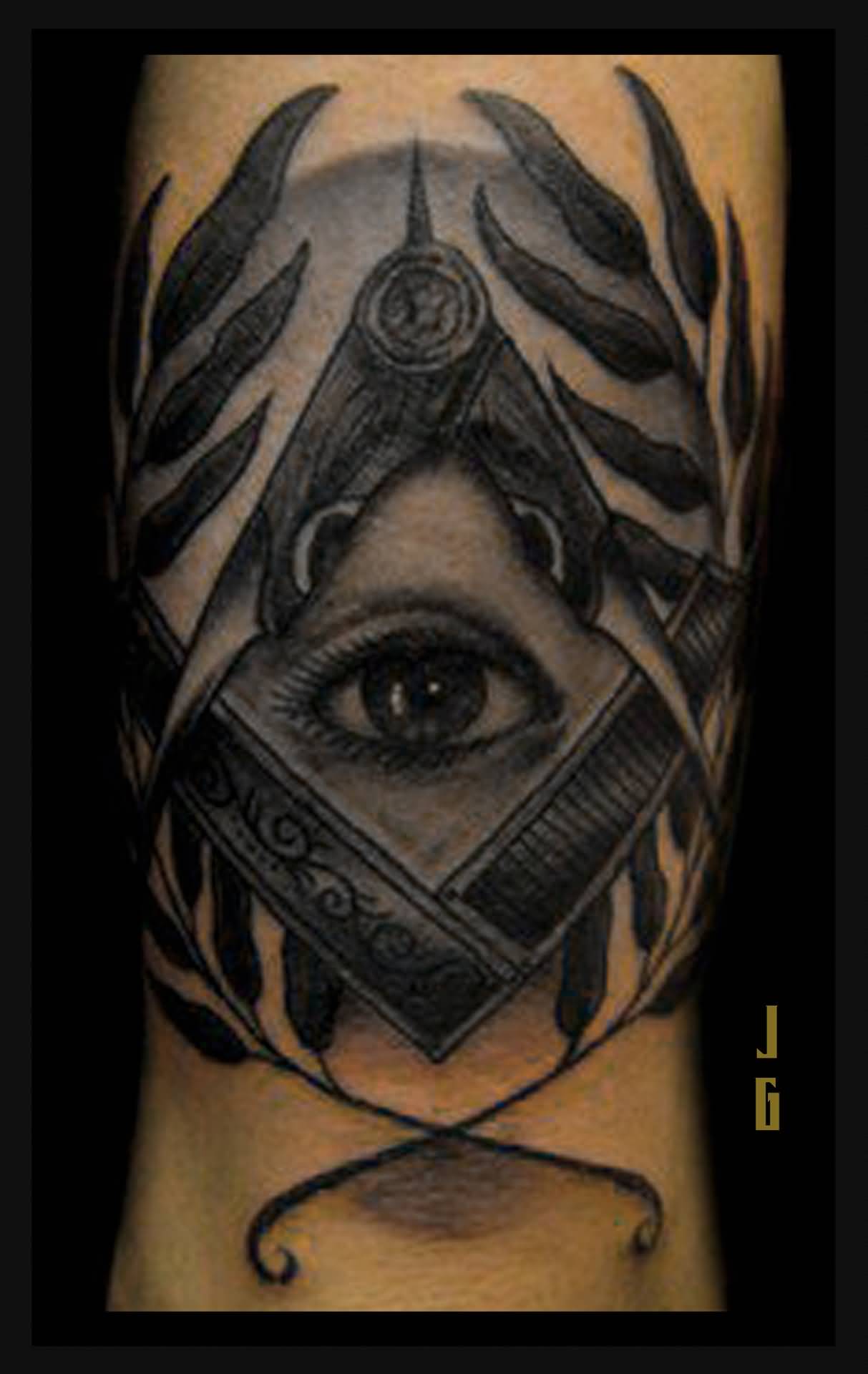 Black And Grey Masonic Tattoo On Leg