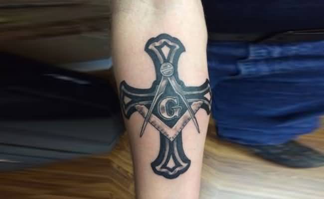Black Cross And Masonic Sign Tattoo On Right Forearm