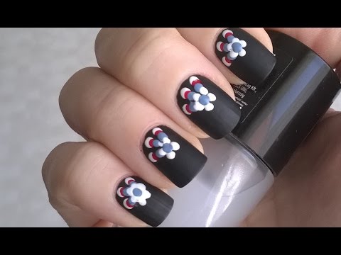 Black Matte Nail Art With Acrylic Flowers Nail