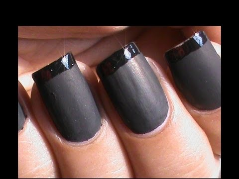 Black Matte Nail Art With French Tip Nails