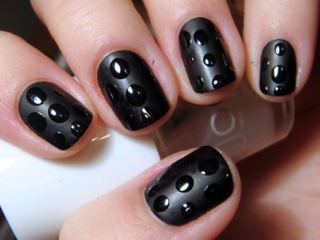 Black Matte Nail Art With Glossy Black Polka Dots
