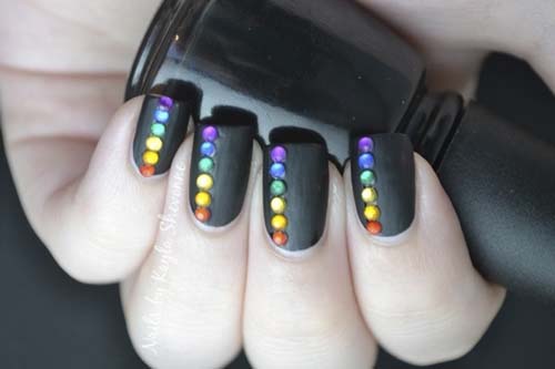 Black Matte Nail Art With Rainbow Caviar Beads