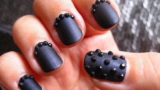 Black Matte Nails With Caviar Beads Design