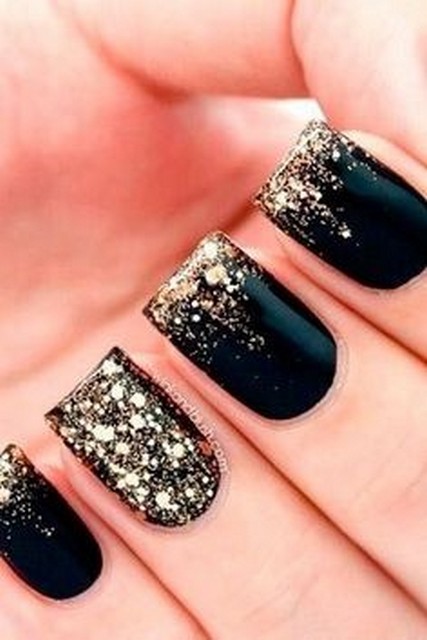 Black Matte Nails With Gold Glitter Design