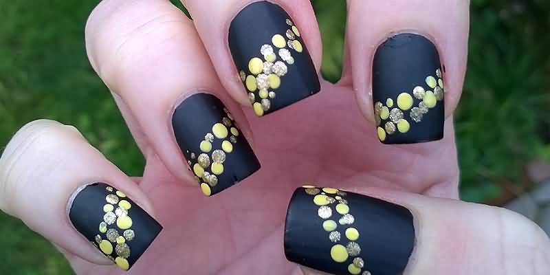Black Matte Nails With Golden Polka Dots Design