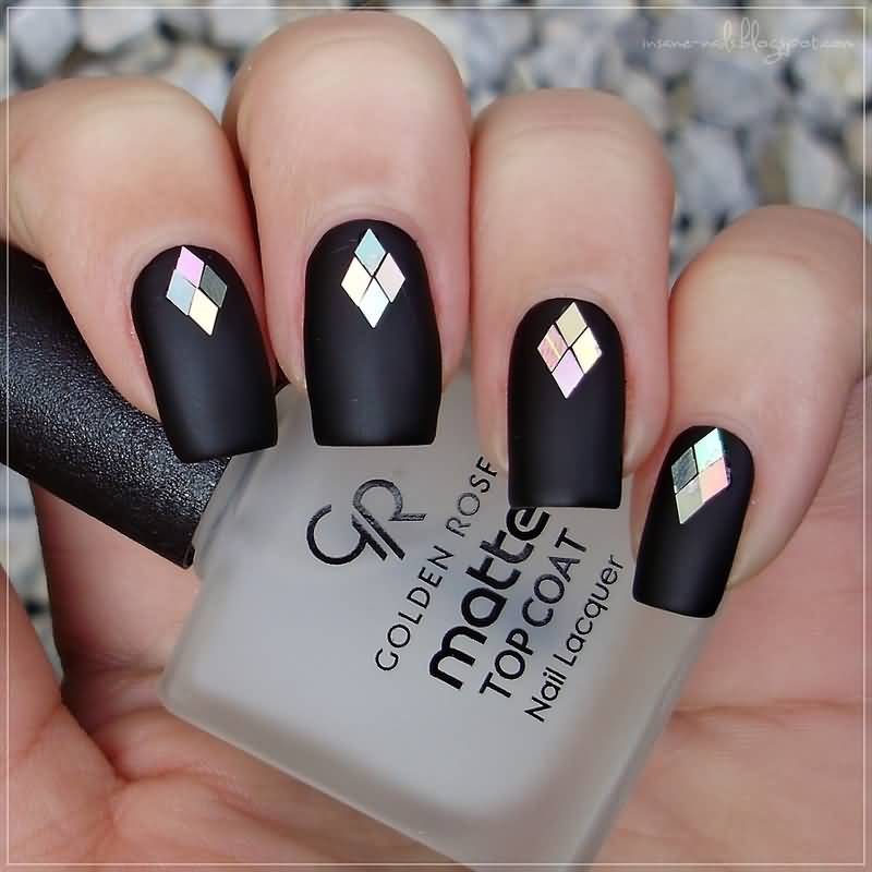 Black Matte Nails With Silver Glequins
