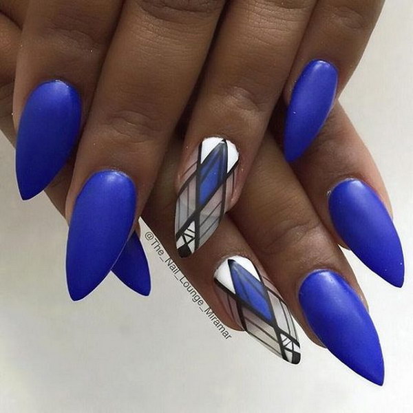 Blue Almond Matte Nail Art With Intricate Tribal Design