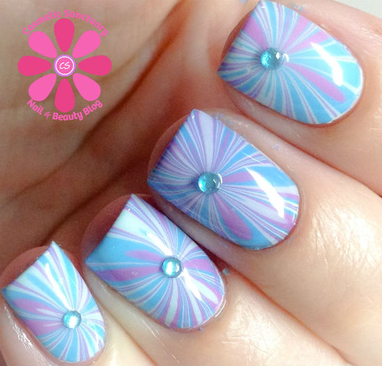 Blue And Purple Marble Nail Art With Rhinestones