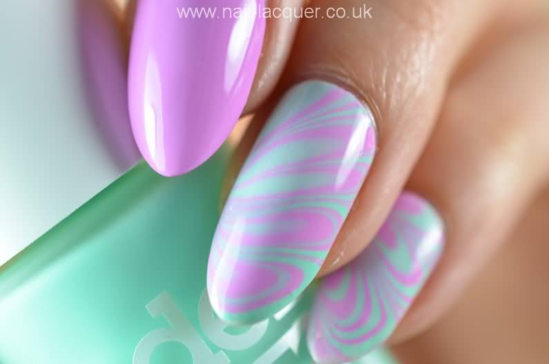 Blue And Purple Water Marble Nail Design