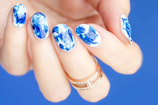 Blue And White Cute Marble Nail Design