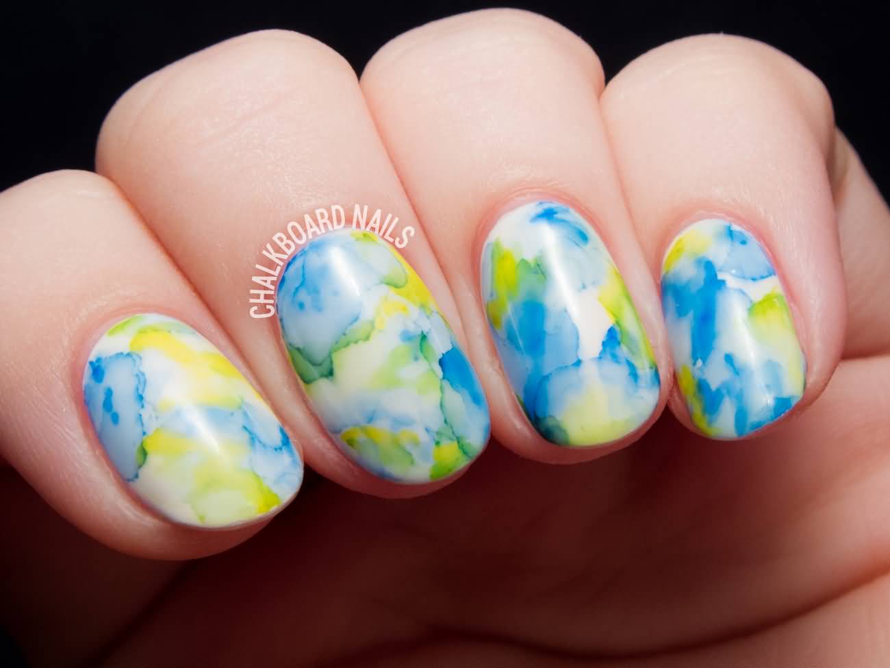 Blue And Yellow Marble Nail Art Design Idea For Girls