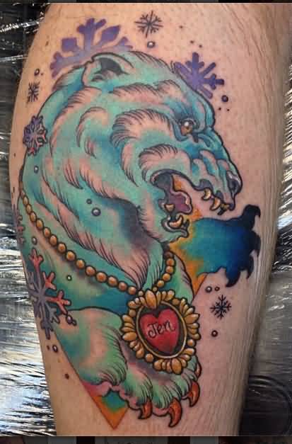 Blue Color Polar Bear With Jen Written In Locket Tattoo