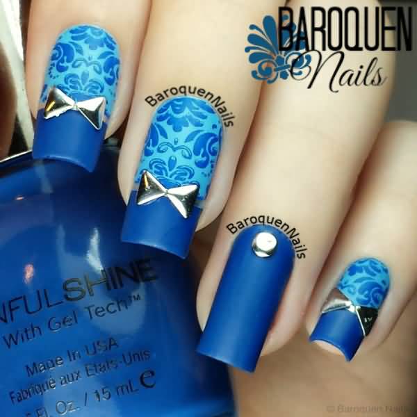 Blue Matte Nails With Flowers Design And 3d Metallic Bow