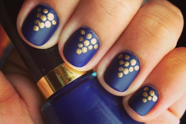 Blue Matte Nails With Golden Polka Dots