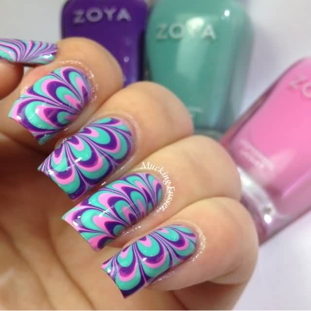 Blue Pink And Purple Marble Nail Art