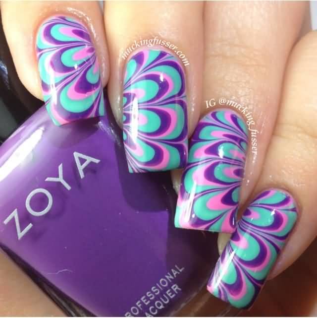 Blue Purple And Pink Beautiful Marble Nail Design
