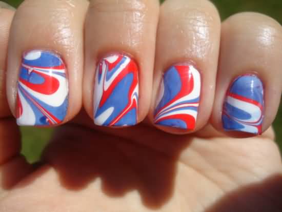 Blue Red And White Marble Nail Art