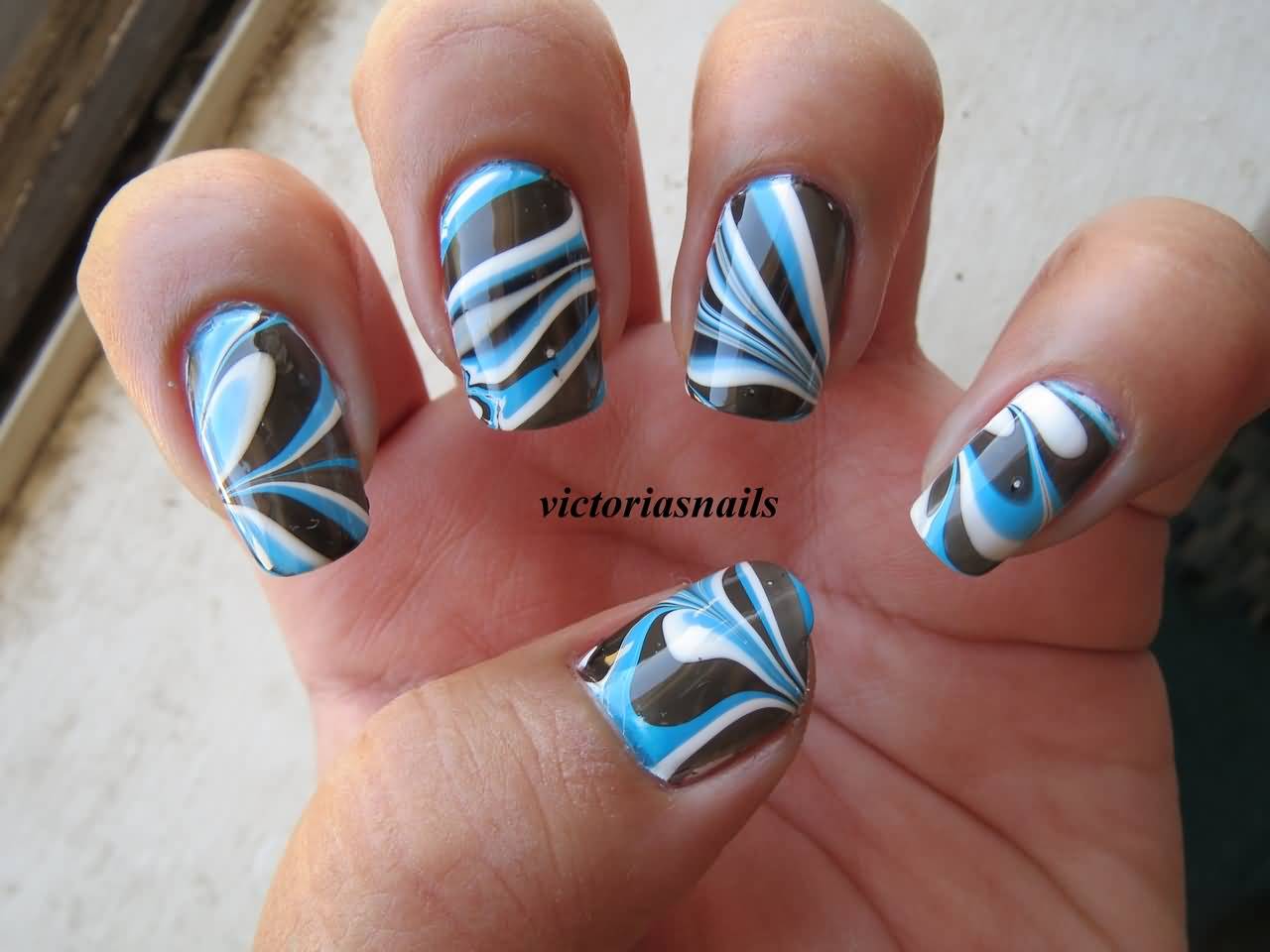 Blue White And Black Marble Nail Art