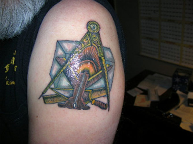 Colored Masonic Tattoo On Left Shoulder