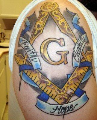 Colored Masonic Tattoo On Right Shoulder