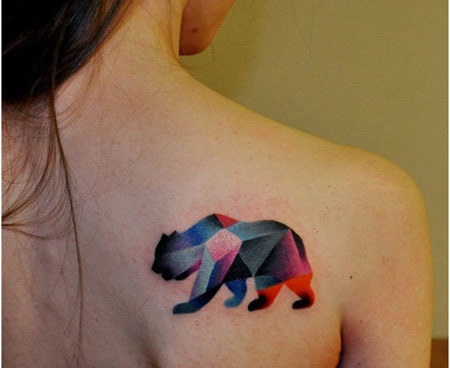 Colorful Geometric Small Polar Bear Tattoo On Right Shoulder For Girl