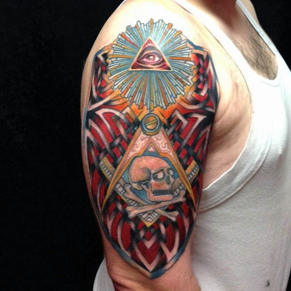 Colorful Masonic Tattoo On Man Right Half Sleeve