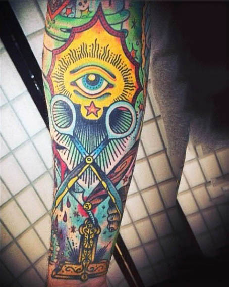 Colorful Masonic Tattoo On Right Forearm