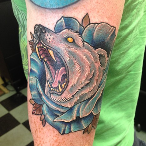 Colorful Polar Bear In Blue Rose Traditional Tattoo