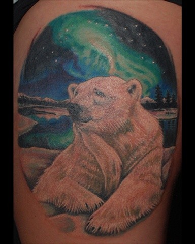 Colorful Polar Bear With Beautiful Background Tattoo