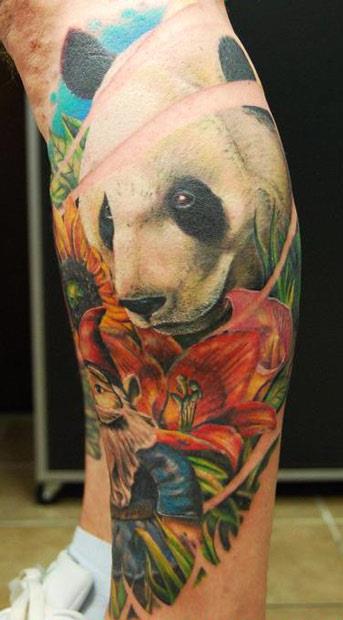 Colorful Polar Bear With Flowers Tattoo