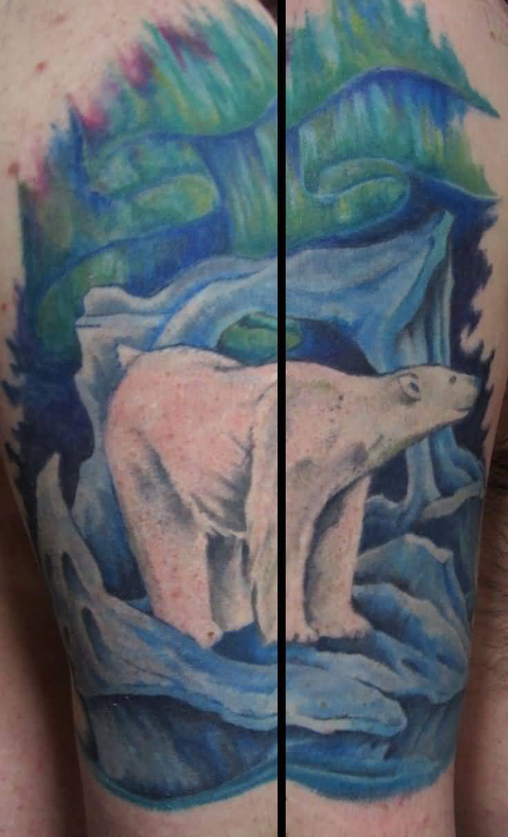 Colorful Polar Bear With Nice Background Tattoo On Sleeves