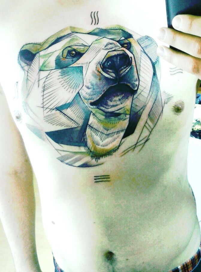 Cool Geometric Polar Bear Head Tattoo On Chest By Peter Aurisch