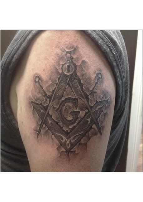 Cracked Skin Grey Masonic Tattoo On Shoulder