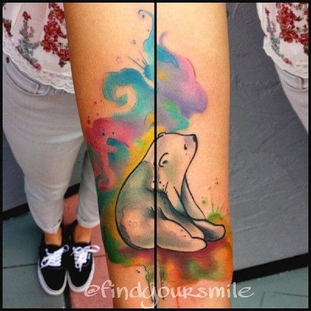 Cute Watercolor Polar Bear Looking Up Tattoo On Forearm
