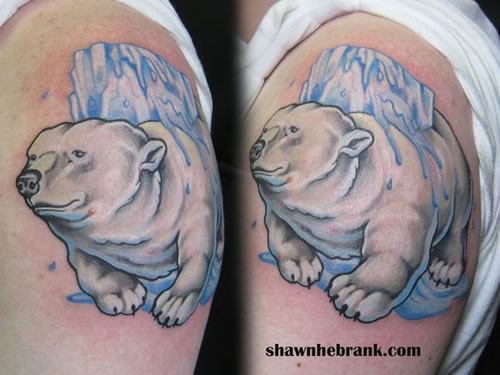 Cute White Polar Bear With Ice Tattoo On Left Shoulder