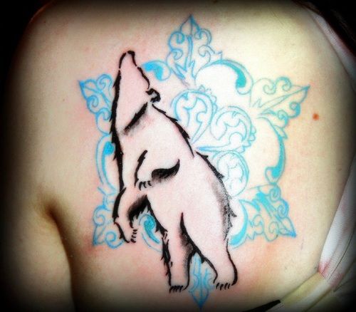 Cutely Designed Outline Polar Bear With Blue Snowflakes Tattoo