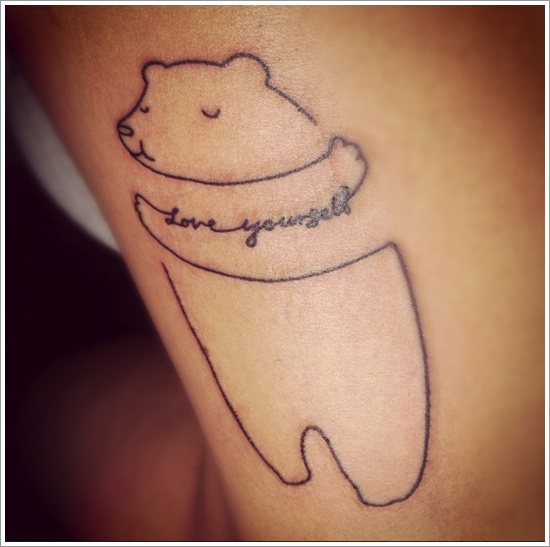 Cutely Designed Polar Bear With Love Yourself Outline Tattoo