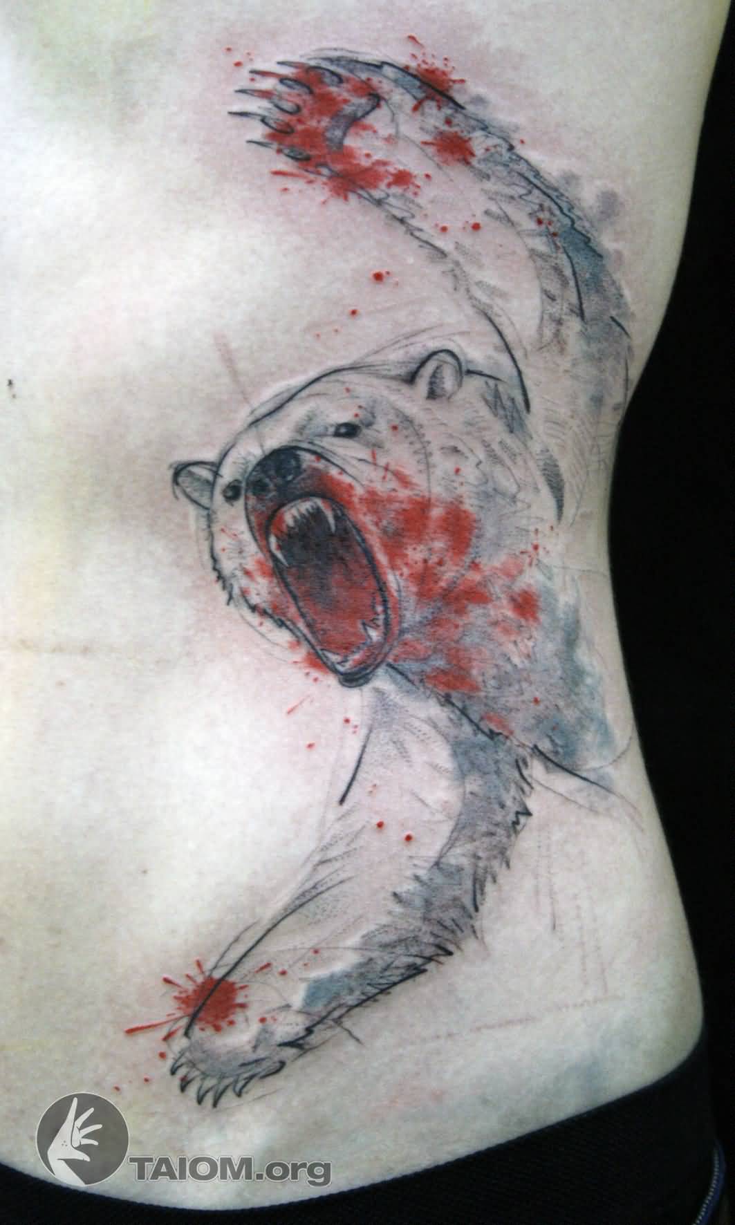 Dangerous Bleeding White Polar Bear Tattoo On Side Rib