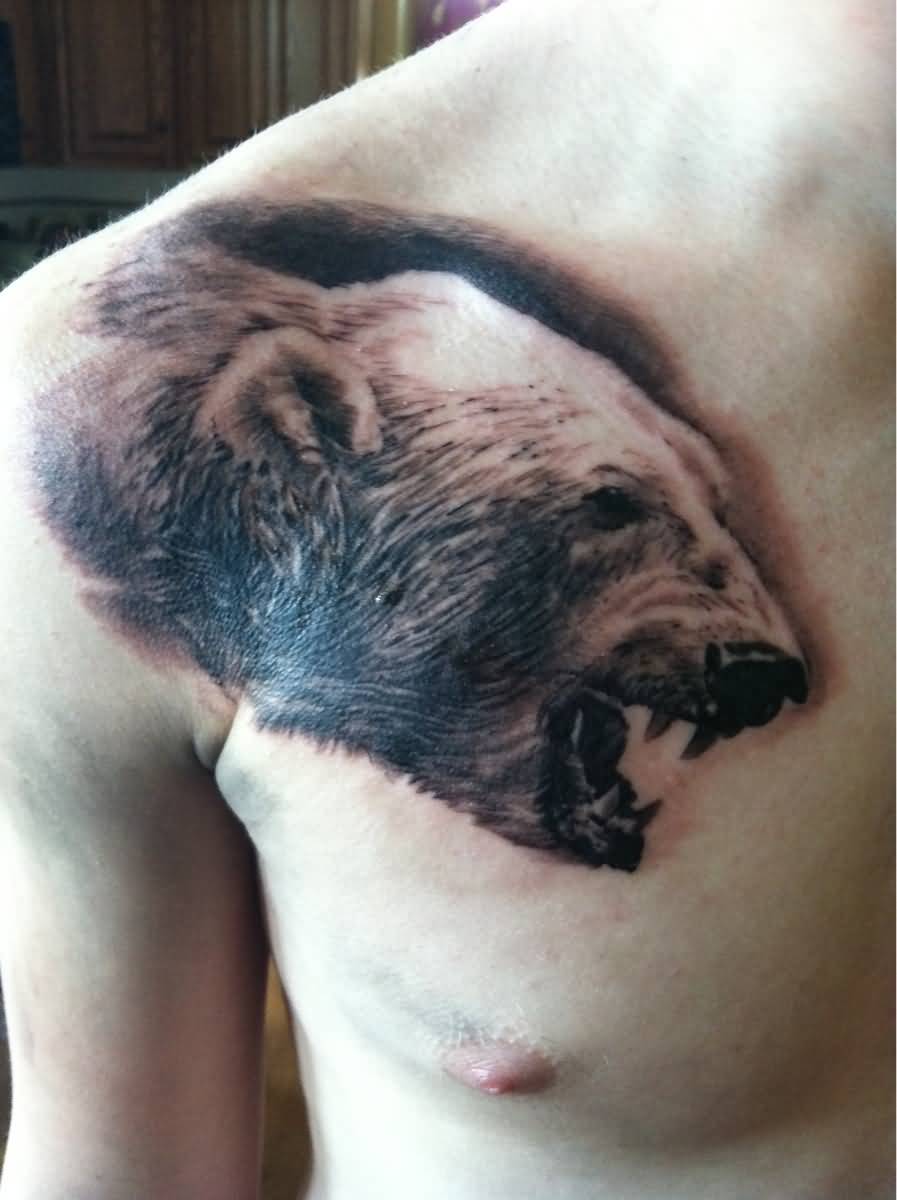 Extremely Angry Polar Bear Head Tattoo On Right Shoulder