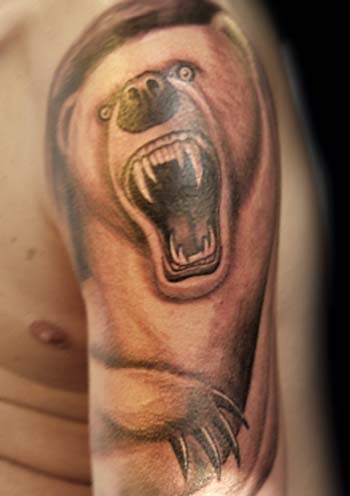 Extremely Angry Polar Bear Tattoo On Half Sleeve