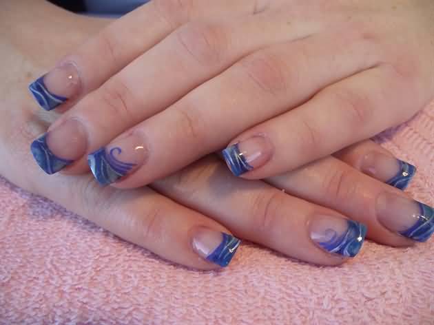 French Tip Blue Marble Nail Art