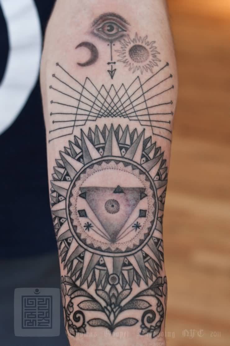 Geometric Masonic Tattoo On Left Forearm