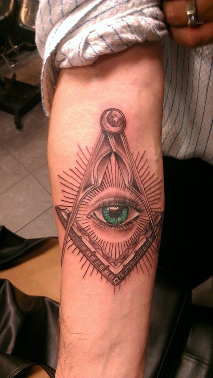 Green Eye Masonic Tattoo On Right Forearm