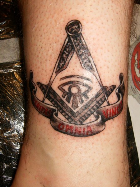 Grey And Black Masonic Tattoo On Leg