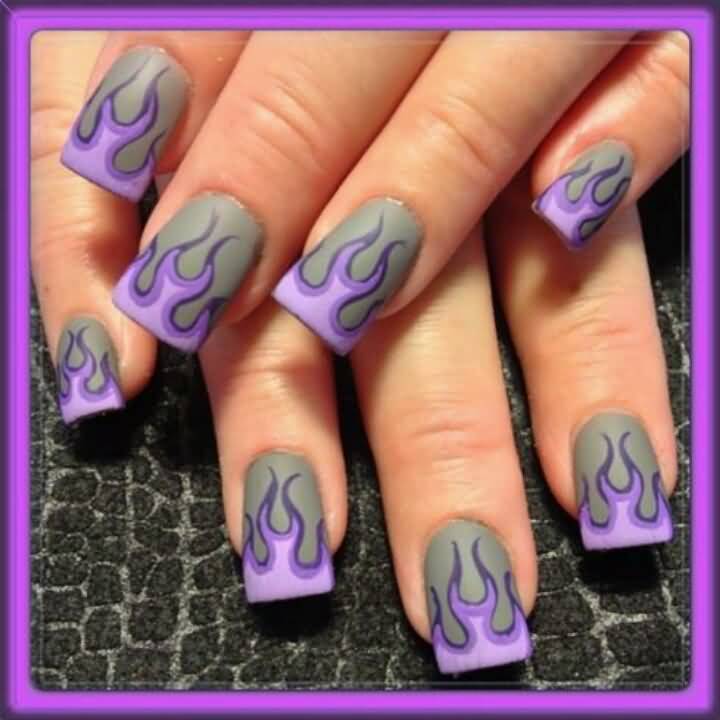 Grey And Purple Flame Design Matte Nail Art