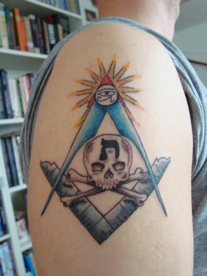 Grey Danger Skull And Masonic Tattoo On Shoulder