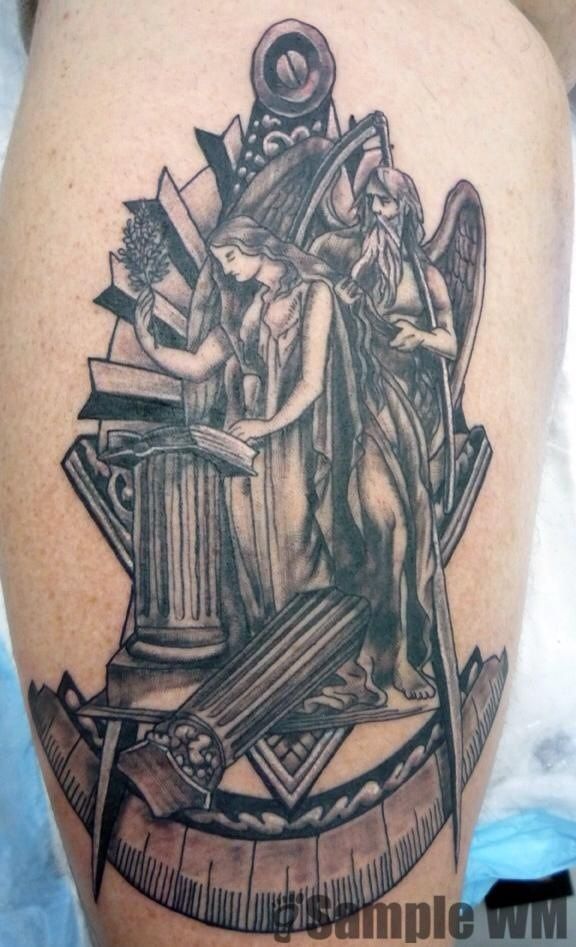 Grey Ink Angels And Masonic Tattoo On Leg