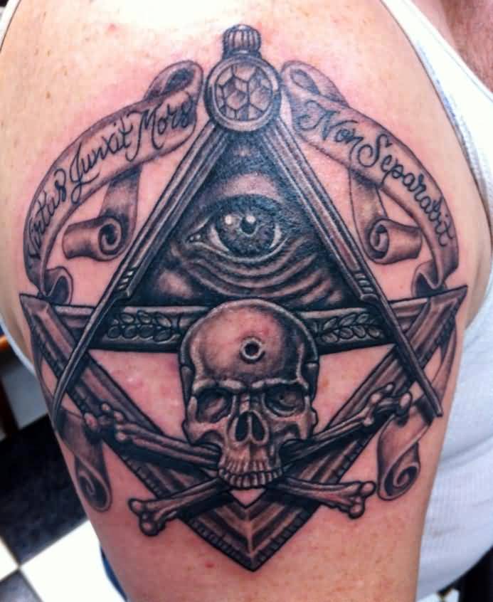 Grey Ink Dander Skull and Masonic Tattoo On Right Shoulder