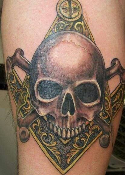 Grey Ink Danger Skull Masonic Tattoo